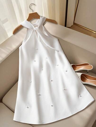 SHEIN White Sleeveless Tunic Dress With Halter Neckline For Girls - Summer Casual Look White Pearl Dress Girls White Summer Dress Halter Neck Dress White Mini Dress White Bow Dress Plain White Short Summer Tunic Dress For Tween Girls With Halter Neckline