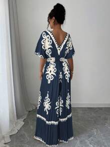 Elenzga Bộ đồ liền thân in họa tiết tay loe cổ chữ V sâu nhún bèo cho kỳ nghỉ dành cho nữ - Màu xanh hải quân - Xem 2