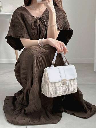 FRIFUL 女式 V 领系带蝴蝶结腰部纯色露背 V 领休闲长裙，节日装