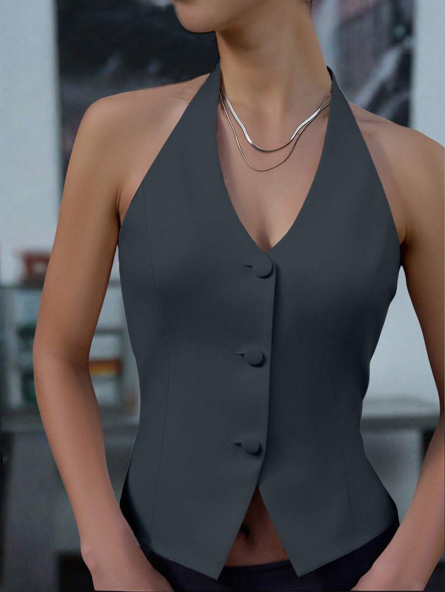 INAWLY Women's Solid Color Halter Tank Tops, Summer - Grey - View 1