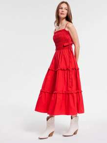 WESTFADE Đầm Maxi Dài Không Tay Xếp Ly Dễ Thương Nơ Hai Bên Xếp Tầng Không Tay Cho Kỳ Nghỉ Bãi Biển Mùa Hè Ngày 4 Tháng 7 - Đỏ - Xem 2