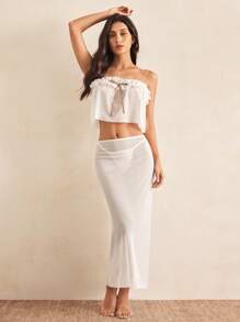 SHEIN 3 件套荷叶边花卉装饰性感内衣套装，法式/意式浪漫风格，女士外出夜店装性感内衣套装 - 白色 - 查看 4
