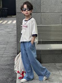 Dazy Kids 男童宽松休闲直筒牛仔裤，裤腿开衩，百搭实用，秋季款 - 藍色 - 查看 5