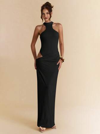 SHEIN BAE אוברול א-סימטרי ללא שרוולים בצבע משמש, סרבל צמוד, שמלה ארוכה ואלגנטית לחוף הים, לבוש לאורחי חתונה, אביב/קיץ