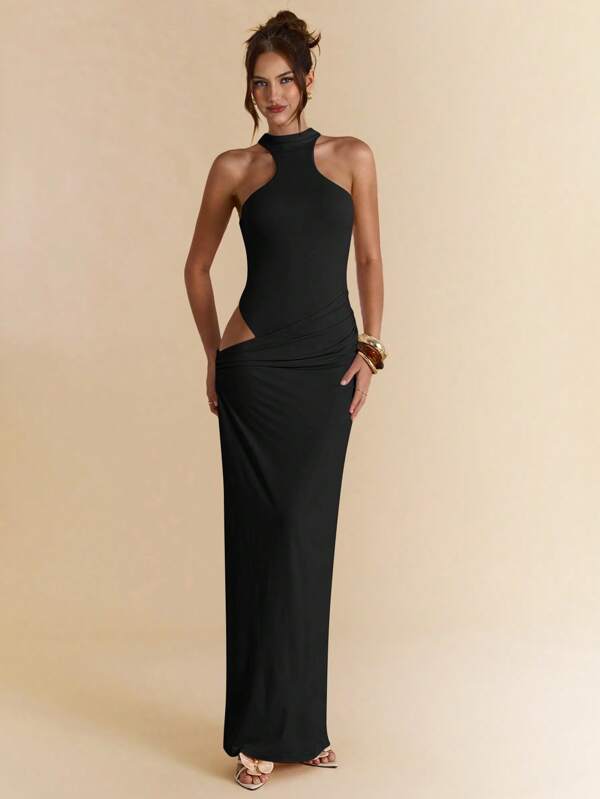 SHEIN BAE Apricot Sleeveless Asymmetrical Cutout Form-Fitting Jumpsuit, Elegant Long Dress For Beach Resort, Wedding Guest Attire, Spring/Summer