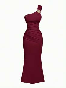 Pitira Burgundy Sleeveless Asymmetrical Neck Long Bodycon Dress For Teen Girls Featuring Elegant Split Details And Slim Fit Wedding Guest Dress Women Bridesmaid Dress Red Prom Dress Elegant Dress One Shoulder Dress - Burgundy - View 2