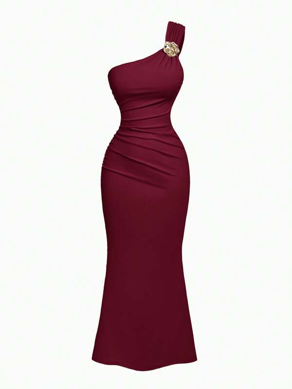 SHEIN X Hannahelzahed SHEIN MOD Women's Gold Brooch Decor Ruched V-Neck Fishtail Hem Dress,Boho Clothes Women