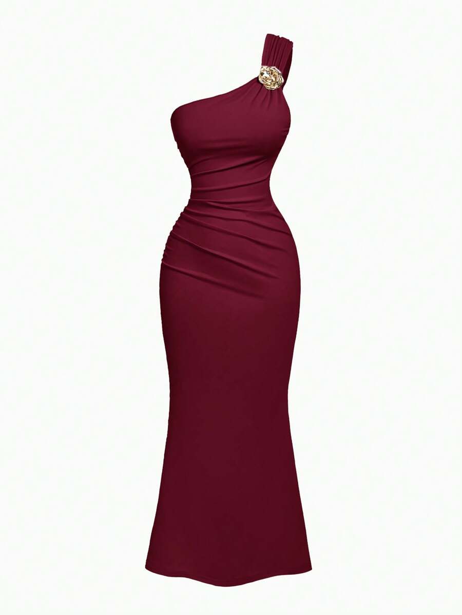 SHEIN X Hannahelzahed SHEIN MOD Đầm đuôi cá cổ chữ V xếp nếp đính trâm cài vàng cho nữ - Màu Đỏ Sâu - Xem 1