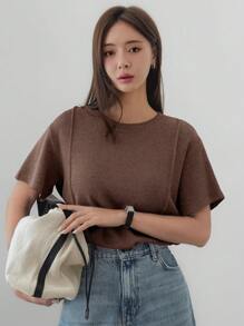 Dazy-Less Áo thun nữ công sở tay ngắn cổ tròn rộng rãi mùa hè - màu nâu - Xem 3