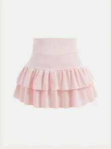 SHEIN Girlism Tween Girls Knitted Solid Color Cute Ruffle Layered Built-In Shorts Mini Skirt, Y2K Fashion, Back To School - Baby Pink - View 2