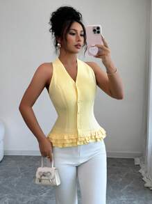 Elenzga Blusa de mujer elegante con cuello en V con volantes y sin mangas, para usar en vacaciones románticas, resorts de playa o fiestas de té por la tarde