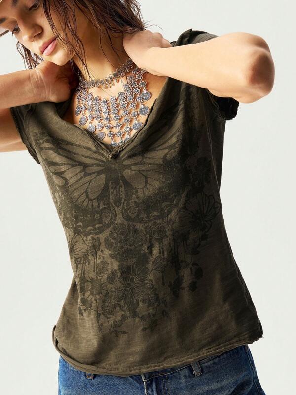 Bohemela Plus Size Retro Butterfly Print V-Neck Short Sleeve T-Shirt