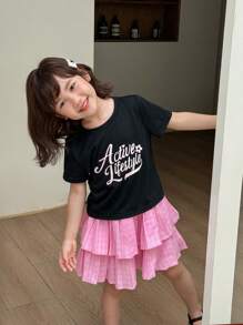 SHEIN Young Girls Casual Letter Pattern Short Sleeve T-Shirt & Mini Skirt Set - Multicolor - View 4