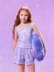 Pop Mart Azura X SHEIN Tween Girl Cartoon Dreamy Star & Rainbow Printed Purple Cute Camisole Top & Loose Shorts Pajama Set