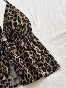 Soleia 1 套女士加大码时尚经典豹纹 V 领露背系带性感背心和宽松超短裤套装，适合约会、派对、休闲街头风格 - 彩色 - 查看 6