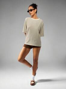 MISSGUIDED 轻盈宽松条纹T恤 经典罗纹短袖 四季休闲上衣 日常必备 基本款T恤 日常休闲装 学院风必备 - 杏色 - 查看 3