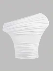 SHEIN Girlism Tween 女童休闲白色不对称肩部褶饰修身短款上衣 T 恤，迷人百搭 - 白色 - 查看 6