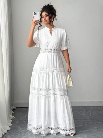 SHEIN Tall Vestido de playa maxiestilo francés para mujer de talla grande con diseño de encaje floral calado y cintura ajustada, estilizador y elegante