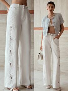 MOTF PREMIUM GUIPURE LACE INSERT SLANT POCKET WIDE LEG JEANS