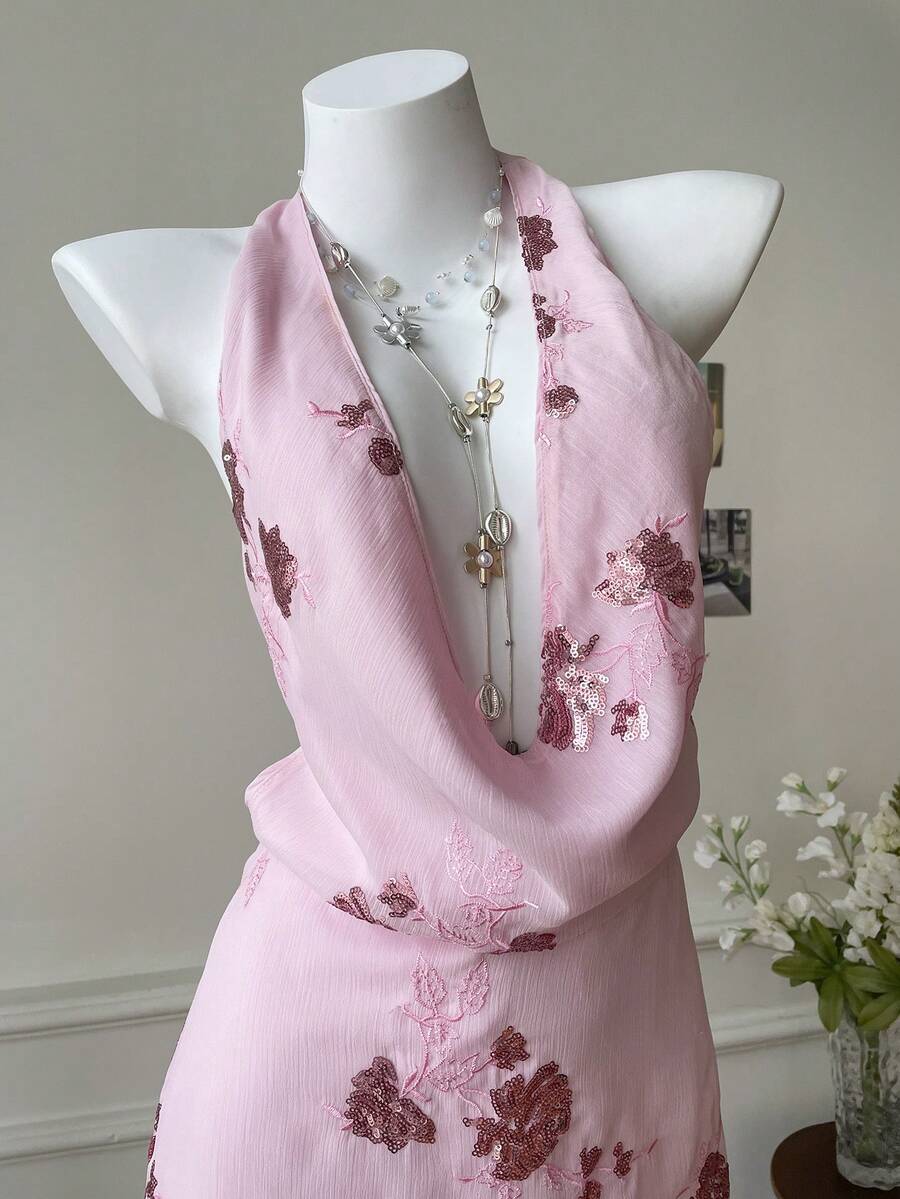 SHEIN EZwear Women's Floral Sequin Draped Neck Sleeveless Woven Halter Dress, Pink - Pink - View 1