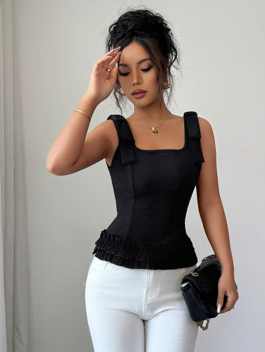 Elenzga قميص نسائي أنيق وعصري مزين بحاشية كشكشة سوداء - الأسود - مشاهدة 1