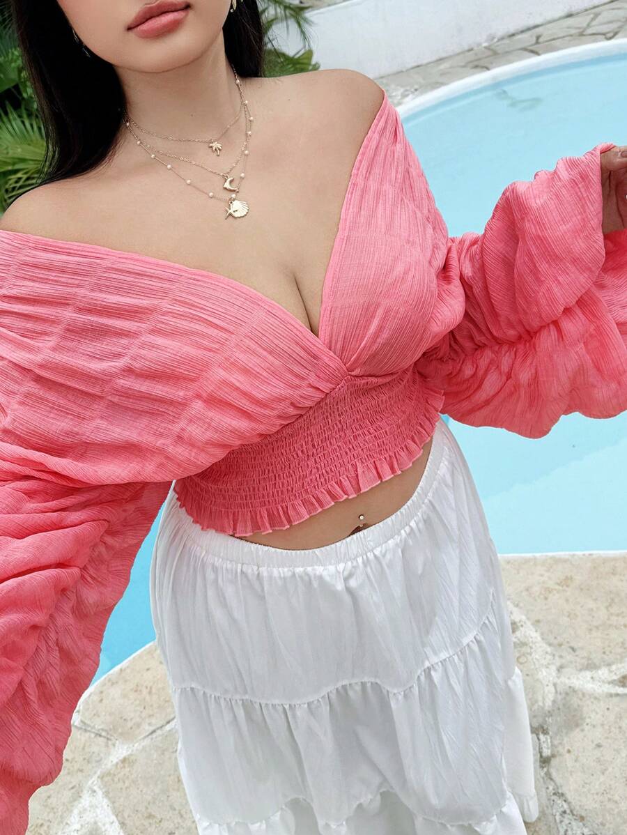 Flirla 大码V领褶皱泡泡袖衬衫，优雅性感 - 西瓜粉 - 查看 1