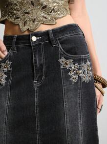 ROMWE Hippie Boho Style Floral Embroidered Ruffled Lace Trim Denim Mermaid Skirt For Women - Blue - View 2