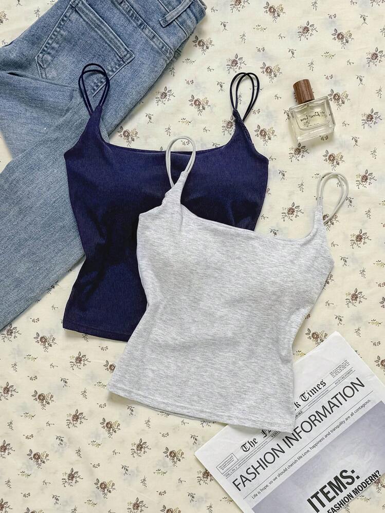Attitoon Summer Casual Versatile Solid Color Camisole With Padded Bra Cami Tops Summer Tops Ribbed Tank Tops, Built-In Bra