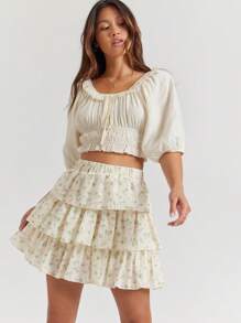 WESTFADE Spring Summer Vacation Floral Printed Eyelet Tiered Ruffle Mini Skirt Western Wear Women - Green - View 2