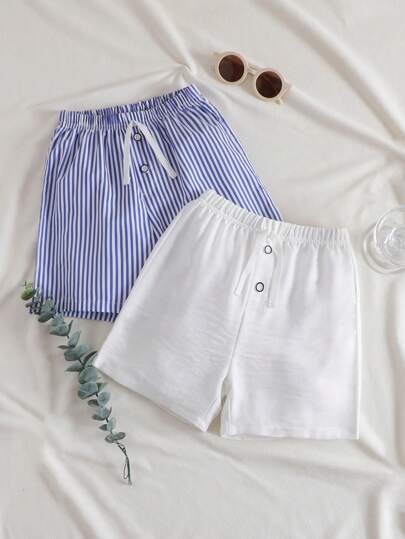2 件套幼儿男童条纹纯色纹理褶皱面料松紧腰休闲短裤，适合夏季户外活动