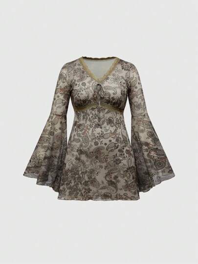 Fairycore Vestido de malla con estampado de enredadera de estilo vintage para talla grande