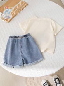 SHEIN 2 Pcs/Set Toddler Boys/Girls Comfy Casual Cute Bear Pattern Short Sleeve T-Shirt And Denim Shorts Set, Suitable For Spring/Summer Indoor & Outdoor, Daily Wear, Sports, Play, Party, Photo Shoot, Vacation, Holidays Baby Boy Clothes Summer 2 Piece Set Baby Casual Sets Baby Boy Casual Short Sleeve - Blue - View 2