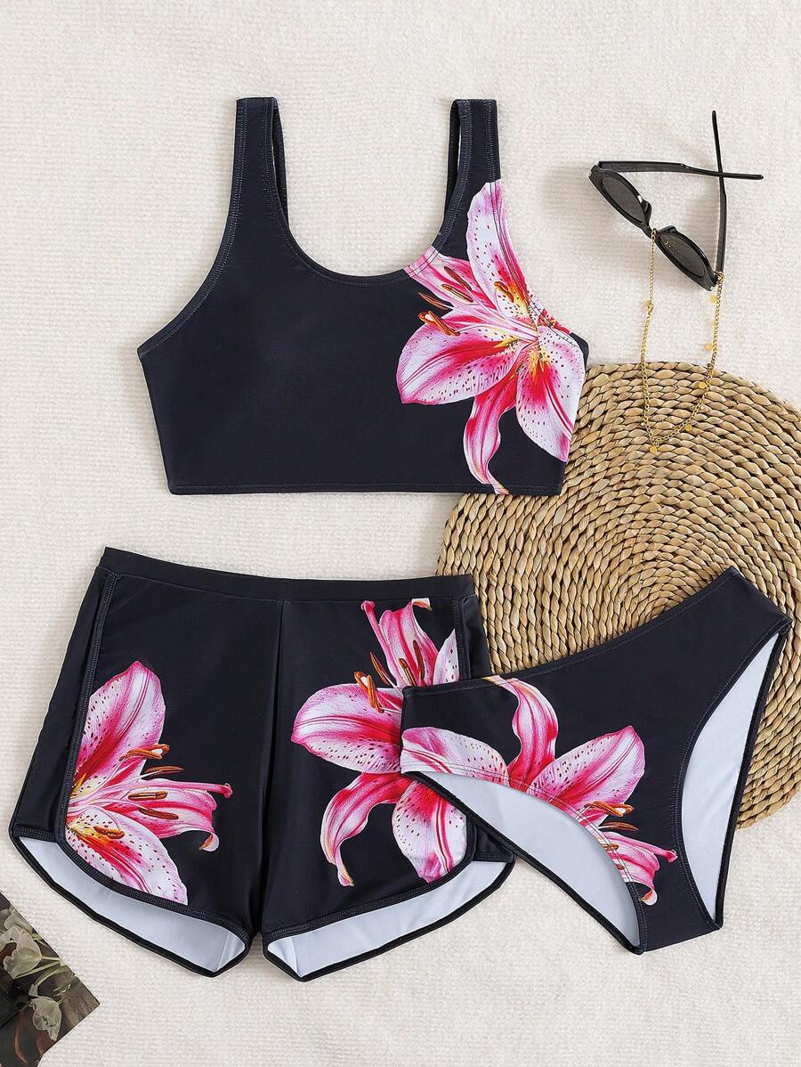 SHEIN 少女三件套比基尼套装，针织百合花卉印花背心泳衣，端庄时尚，适合假日游泳、海滩 - 黑色 - 查看 1