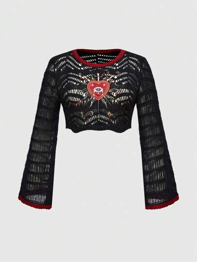 Goth Suéter de talla grande para mujer con manga de campana, bordado de ojo, cruz y luna de estilo palaciego