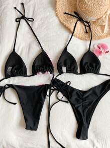 Comfortcana 2pcs Women's Summer Solid Color And Floral Print Bikini Set, Beachwear, Suitable For Vacation Wear