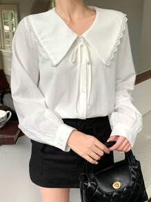 SHEIN Teen Girl's Casual & Versatile White Blouse With Bow, Peter Pan Collar, Ruffle Trim, Lantern Sleeve, Academic Style White Blouse Girls Girl Collar Shirt White Lace Blouse Tie Neck Blouse Peter Pan Collar Blouse Fall Winter - White - View 1