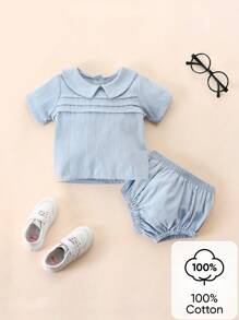 Souflis Souflis 寶寶男童純色彼得潘衣領襯衫和短褲套裝 - 藍色 - 查看 1