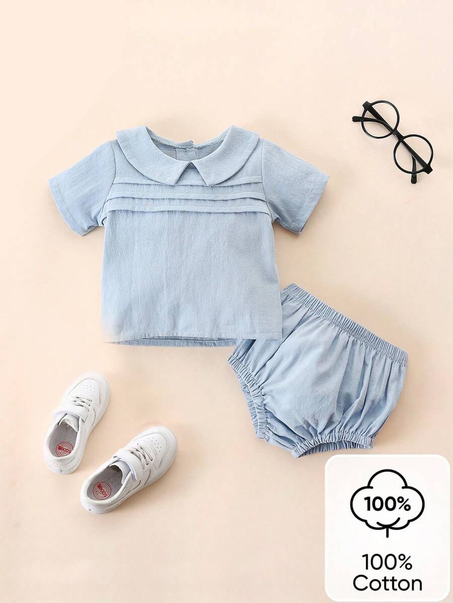 Souflis Souflis 寶寶男童純色彼得潘衣領襯衫和短褲套裝 - 藍色 - 查看 1