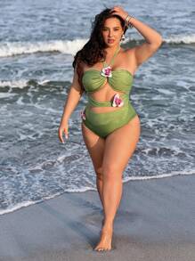 Slaysola 大码女式纯色露背荷叶边连体泳衣 - 綠色 - 查看 6