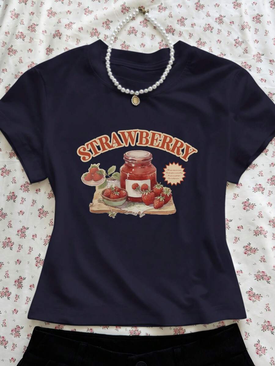 女士字母和草莓印花圆领短袖休闲 T 恤图案 T 恤女式上衣 - 藏蓝色 - 查看 1