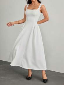 SHEIN PETITE Elegant Sleeveless Solid Color Dress, Summer - White - View 6