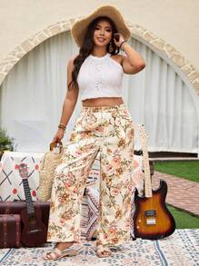Pantalones vaqueros de pierna ancha con estampado floral digital para mujer de talla grande - Marrón - Ver 5