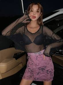 DAZY Solid Drop Shoulder Mesh Top Without Bra Going Out Tops Sheer Long Sleeve Women Tops,Fall Women Clothes - Black - View 7