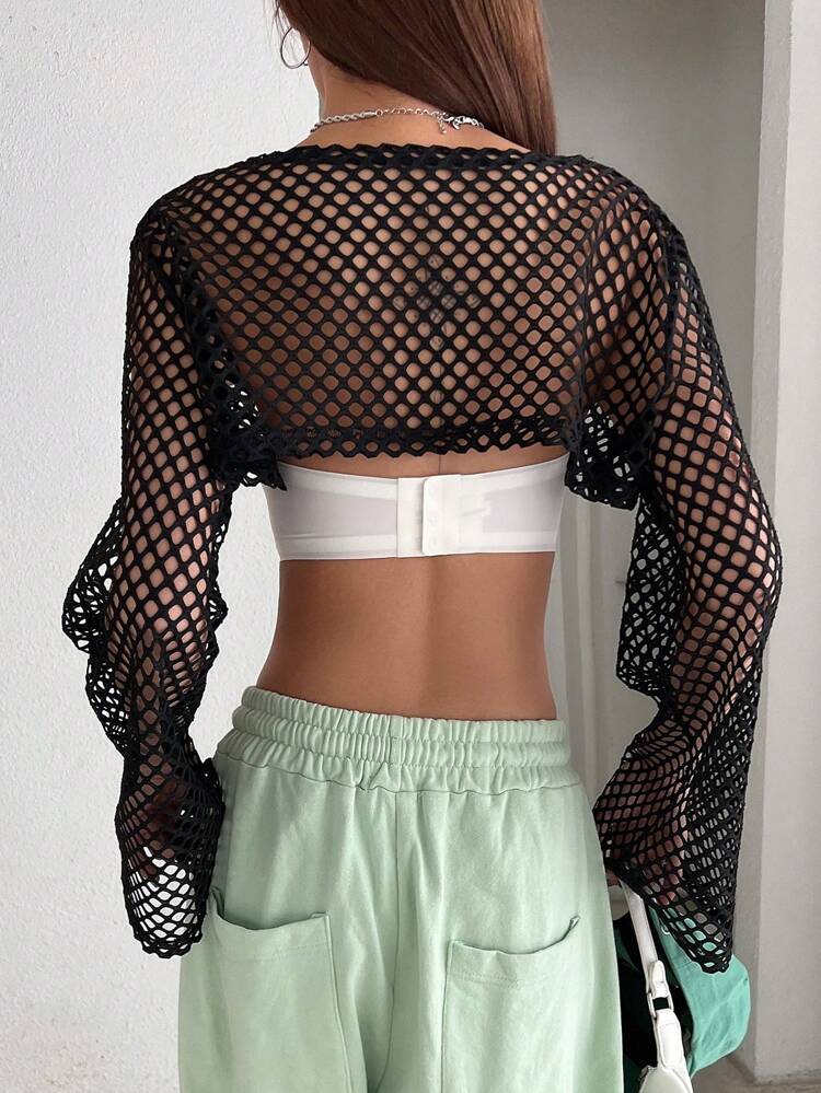 Solid Hollow Out Crop Top Festival Sheer Long Sleeve Women Tops