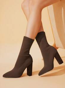 CUCCOO BASICS Pointy Toe Chunky High Heel Slip-On Knitted Tight Boots For Women For And Spring Shoes Spring Break Easter