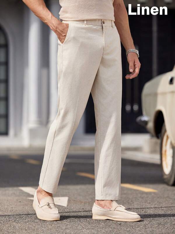 HIMLAND Pantaloni de costum pentru bărbați, țesuți, casual, cu talie înaltă, cu picioare drepte, stil lung, potriviti pentru primăvară/vară