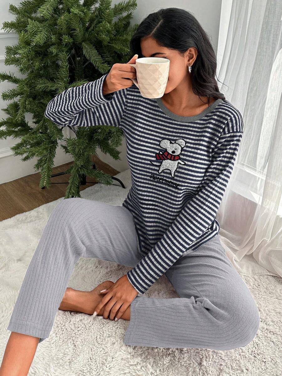 EURMUSE 100%Cotton Striped & Cartoon Graphic PJ Set - Black - View 1