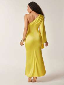 Vixey Solid Satin One Shoulder Bell Sleeve Mermaid Hem Maxi Dress, Summer Dresses For Women, Summer Outfits For Women, Dresses For Women Summer, Summer Clothes For Women, Wedding Guest Dress - Yellow - View 2