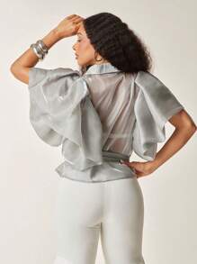 Vixey 泡泡袖纽扣透视上衣（配腰带），商务休闲，波西米亚风，春季，可爱夏季上衣 - 灰色 - 查看 2