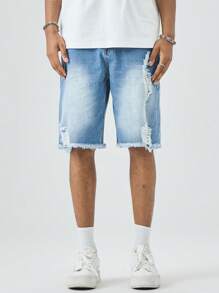 Manfinity Roghcode Men's Light Wash Denim Bermuda Shorts Ripped Detail Avant-Garde Street Casual Jean Shorts For A Look - Light Wash - View 3